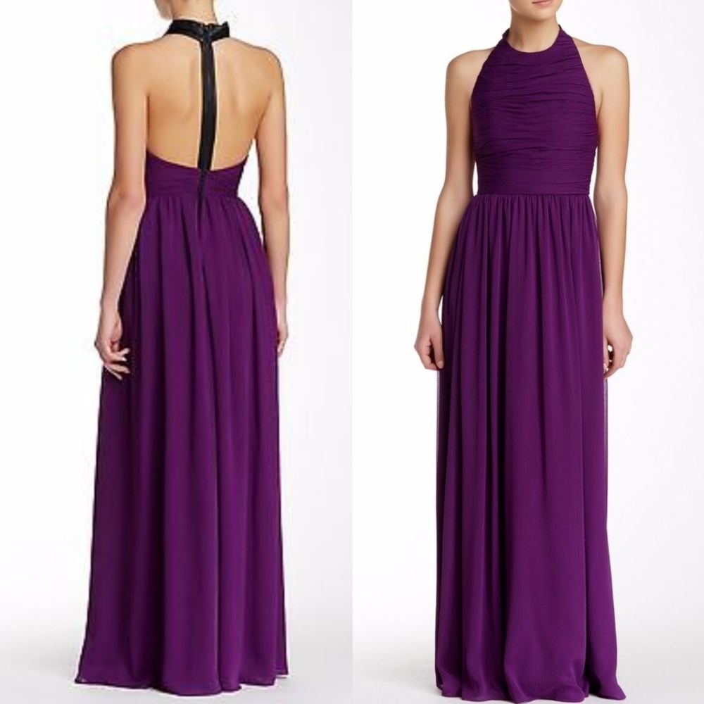Alice + Olivia Electric Plum Runnie Leather T-Back Gown NWT
